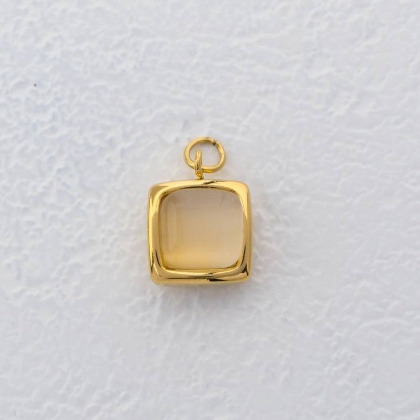 (11mm) White Cat Eye Square Charms Stainless Steel PVD Gold Plated Liontin Kotak Mata Kucing Putih