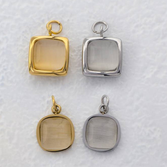 (11mm) White Cat Eye Square Charms Stainless Steel PVD Gold Plated Liontin Kotak Mata Kucing Putih