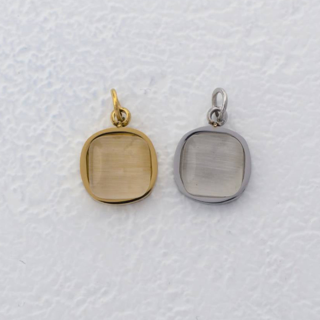 (11mm) White Cat Eye Square Charms Stainless Steel PVD Gold Plated Liontin Kotak Mata Kucing Putih