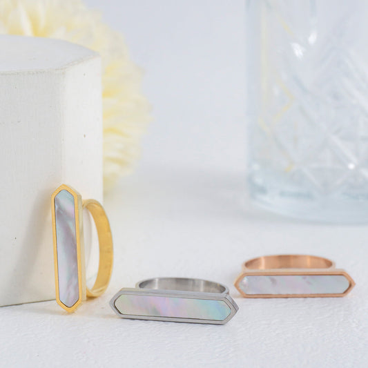Plain Geometric Mother of Pearl Statement Ring Stainless Steel PVD Gold Plated Cincin MOP Bar Hypoallergenic