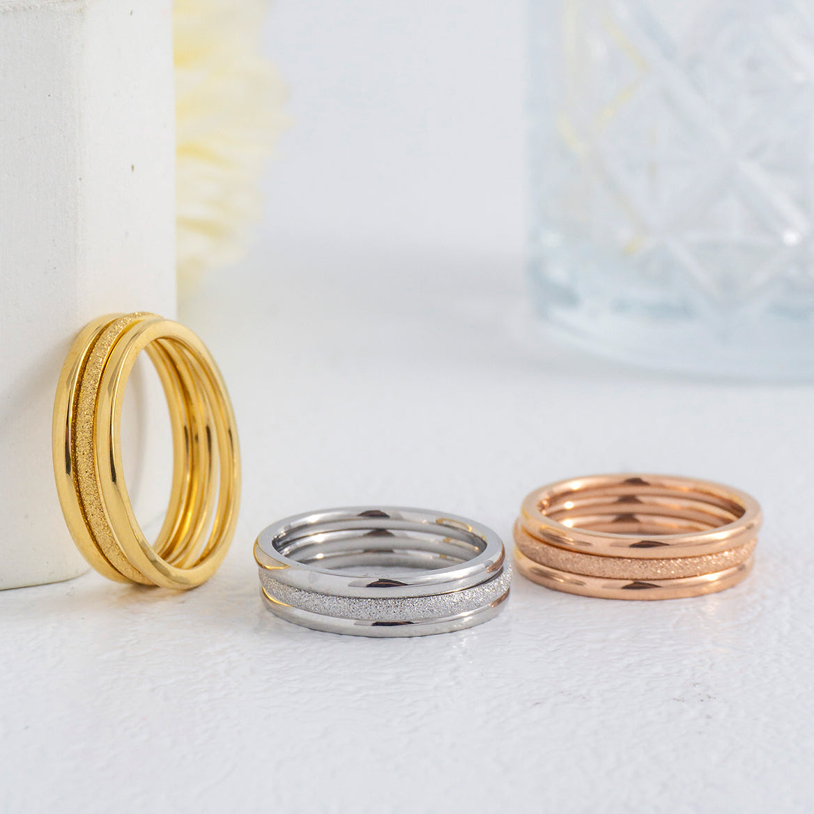 1 Set (3Pcs) Sandblast & Polished Thin Stackable Ring Stainless Steel PVD Gold Plated Cincin Polos Hypoallergenic
