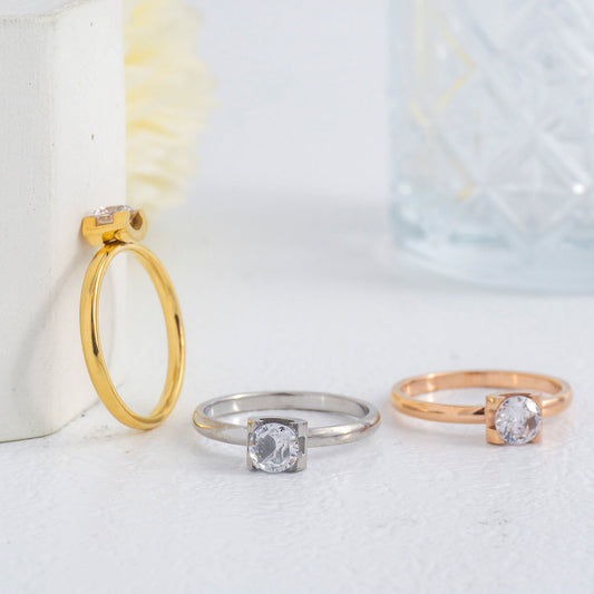 Solitaire Cubic Zirconia Stackable Ring Stainless Steel PVD Gold Plated Cincin Mata Satu Hypoallergenic