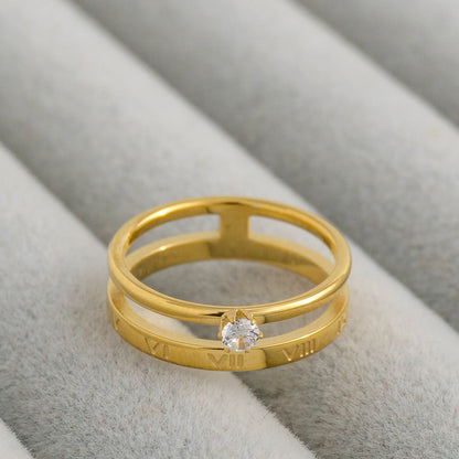 Double Layer Roman Numeral & Solitaire Cubic Zirconia Stackable Ring Stainless Steel PVD Gold Plated Cincin Mata Dua Lapis Hypoallergenic