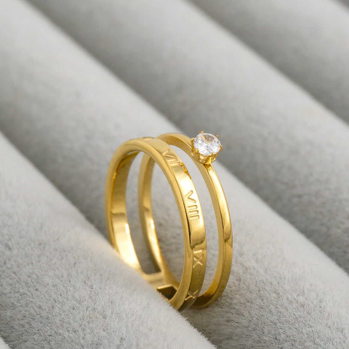 Double Layer Roman Numeral & Solitaire Cubic Zirconia Stackable Ring Stainless Steel PVD Gold Plated Cincin Mata Dua Lapis Hypoallergenic