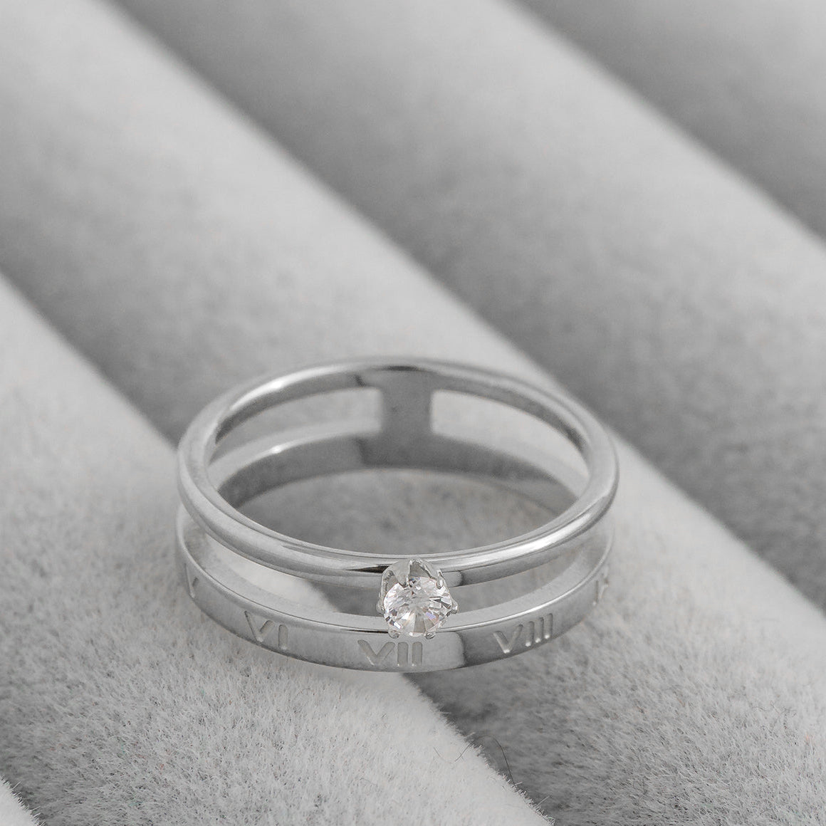 Double Layer Roman Numeral & Solitaire Cubic Zirconia Stackable Ring Stainless Steel PVD Gold Plated Cincin Mata Dua Lapis Hypoallergenic