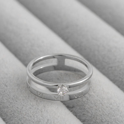 Double Layer Roman Numeral & Solitaire Cubic Zirconia Stackable Ring Stainless Steel PVD Gold Plated Cincin Mata Dua Lapis Hypoallergenic