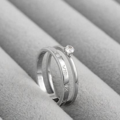 Double Layer Roman Numeral & Solitaire Cubic Zirconia Stackable Ring Stainless Steel PVD Gold Plated Cincin Mata Dua Lapis Hypoallergenic