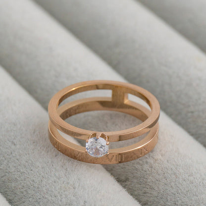 Double Layer Roman Numeral & Solitaire Cubic Zirconia Stackable Ring Stainless Steel PVD Gold Plated Cincin Mata Dua Lapis Hypoallergenic