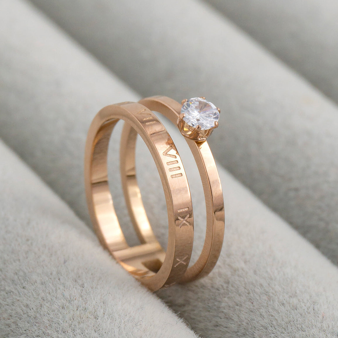Double Layer Roman Numeral & Solitaire Cubic Zirconia Stackable Ring Stainless Steel PVD Gold Plated Cincin Mata Dua Lapis Hypoallergenic