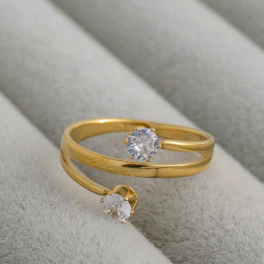 Open Wrap Double Solitaire Cubic Zirconia Stackable Ring Stainless Steel PVD Gold Plated Cincin Mata Hypoallergenic