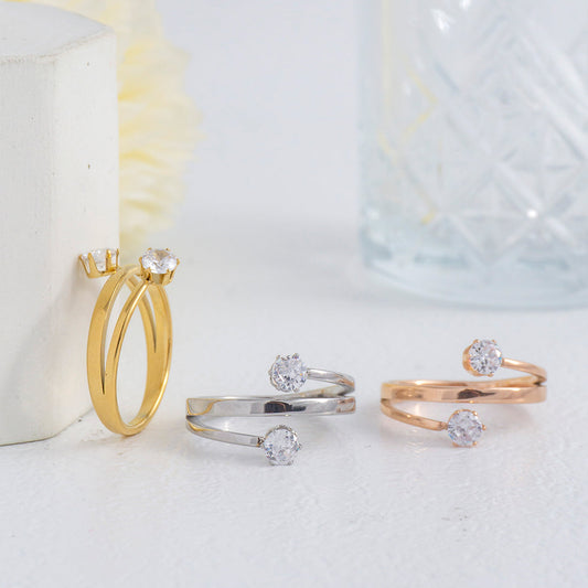 Open Wrap Double Solitaire Cubic Zirconia Stackable Ring Stainless Steel PVD Gold Plated Cincin Mata Hypoallergenic
