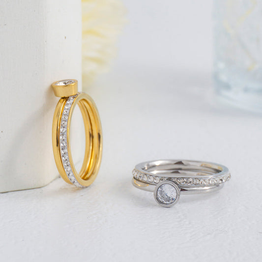 Micro Paved Cubic Zirconia Bezel Solitaire Stackable Ring Stainless Steel PVD Gold Plated Cincin Mata Hypoallergenic