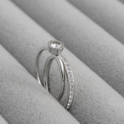 Micro Paved Cubic Zirconia Bezel Solitaire Stackable Ring Stainless Steel PVD Gold Plated Cincin Mata Hypoallergenic