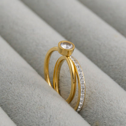 Micro Paved Cubic Zirconia Bezel Solitaire Stackable Ring Stainless Steel PVD Gold Plated Cincin Mata Hypoallergenic
