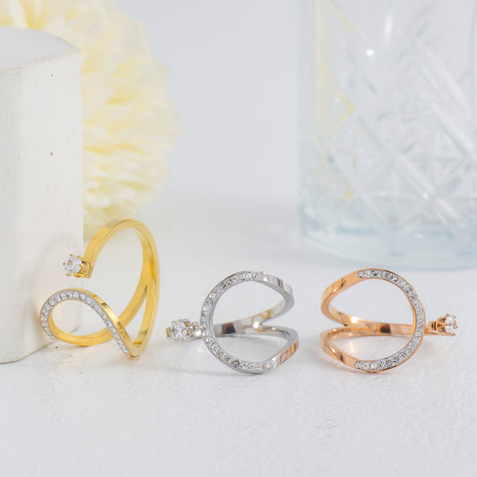 Curved Wave & Solitaire Cubic Zirconia Adjustable Ring Stainless Steel PVD Gold Plated Cincin klasik Hypoallergenic