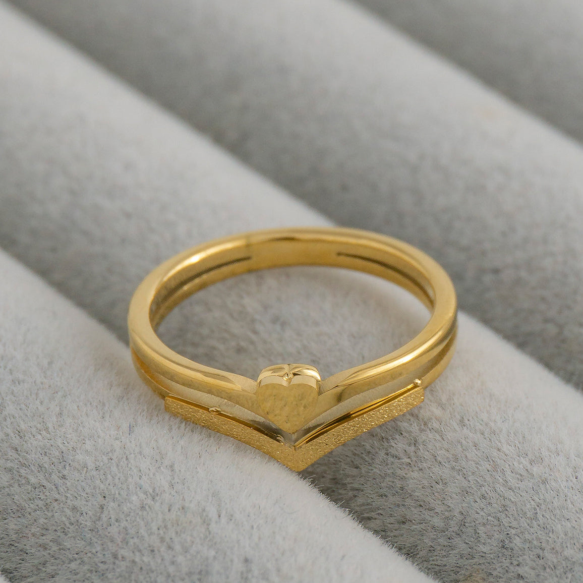 Minimalist V-Chevron with Petite Heart Center Ring Stainless Steel PVD Gold Plated Cincin Hati Hypoallergenic