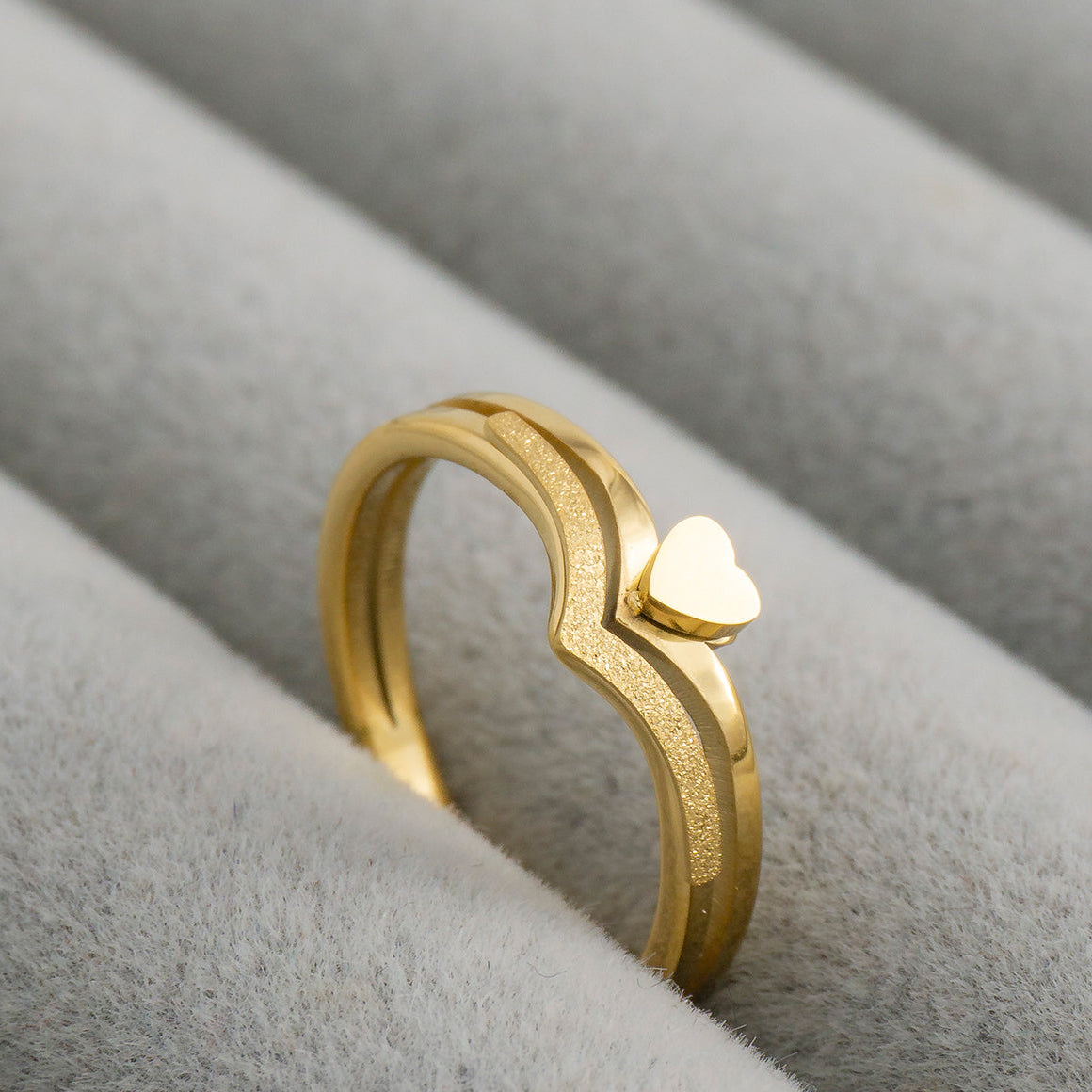 Minimalist V-Chevron with Petite Heart Center Ring Stainless Steel PVD Gold Plated Cincin Hati Hypoallergenic