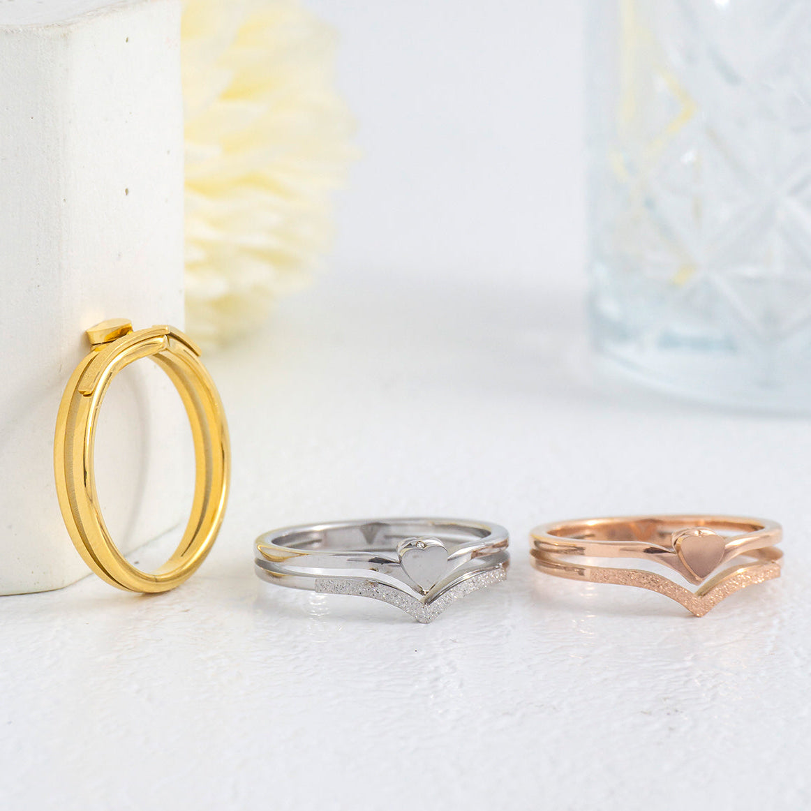 Minimalist V-Chevron with Petite Heart Center Ring Stainless Steel PVD Gold Plated Cincin Hati Hypoallergenic