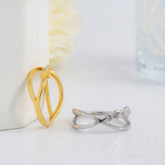 Crisscross Cross & Heart Accent Layered Ring Stainless Steel PVD Gold Plated Cincin klasik Hypoallergenic