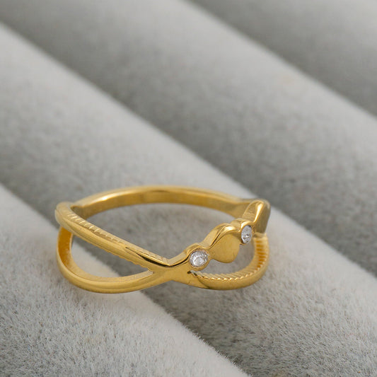 Crisscross Cross & Heart Accent Layered Ring Stainless Steel PVD Gold Plated Cincin klasik Hypoallergenic