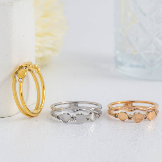 Continuous Multi-Heart Band with Flush-Set CZ Accents Ring Stainless Steel PVD Gold Plated Cincin Hati Hypoallergenic
