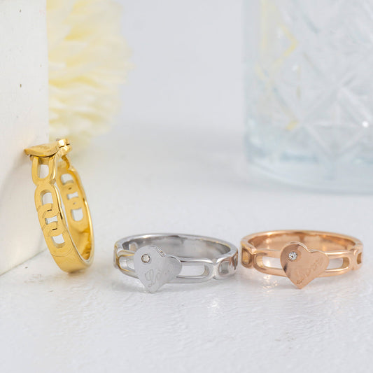 Split Shank Dual Heart Cutout with CZ Ring Stainless Steel PVD Gold Plated Cincin Hati Hypoallergenic