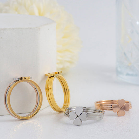 1 set (3pcs) Four-Leaf Clover Lucky Ring Stainless Steel PVD Gold Plated Cincin Daun Semanggi Hypoallergenic