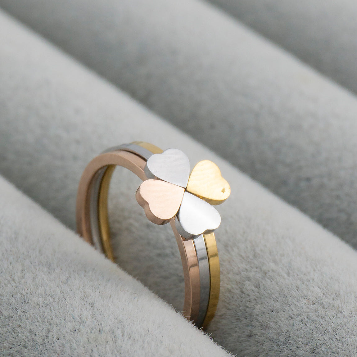 1 set (3pcs) Four-Leaf Clover Lucky Ring Stainless Steel PVD Gold Plated Cincin Daun Semanggi Hypoallergenic