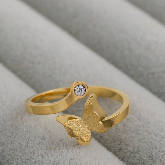 Simple Glitter Textured 3D Butterfly Mariposa Open Adjustable Ring Stainless Steel PVD Gold Plated Cincin Kupu - Kupu Hypoallergenic