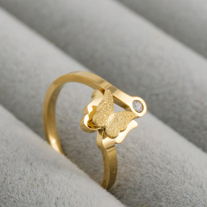 Simple Glitter Textured 3D Butterfly Mariposa Open Adjustable Ring Stainless Steel PVD Gold Plated Cincin Kupu - Kupu Hypoallergenic