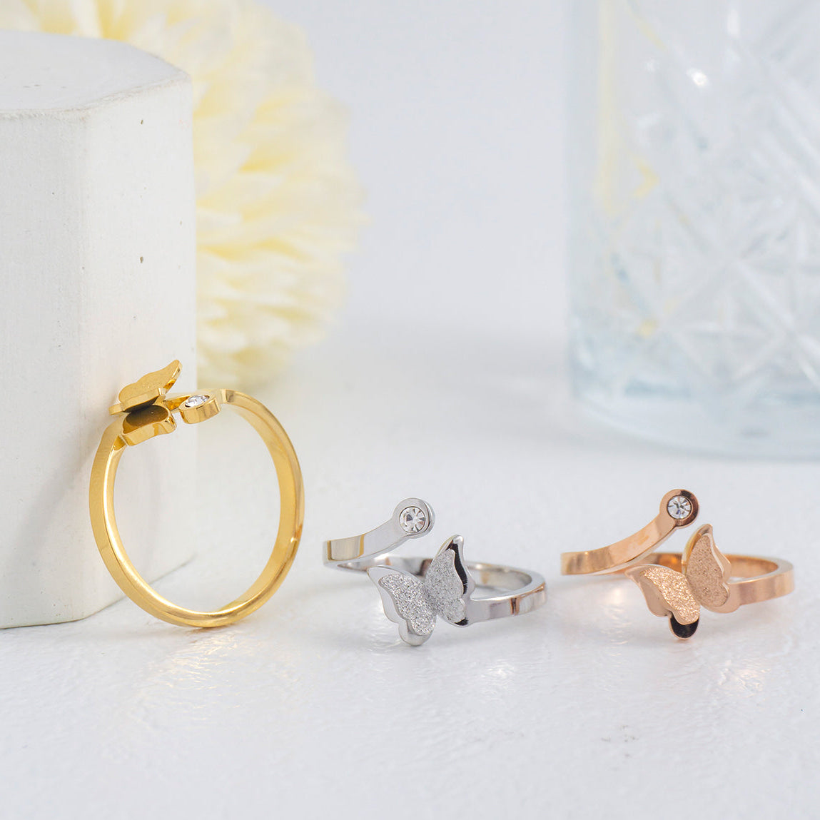 Simple Glitter Textured 3D Butterfly Mariposa Open Adjustable Ring Stainless Steel PVD Gold Plated Cincin Kupu - Kupu Hypoallergenic