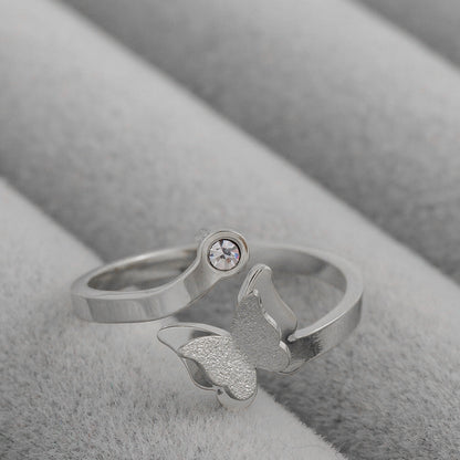 Simple Glitter Textured 3D Butterfly Mariposa Open Adjustable Ring Stainless Steel PVD Gold Plated Cincin Kupu - Kupu Hypoallergenic