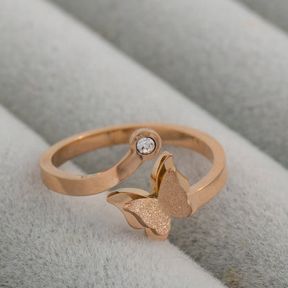 Simple Glitter Textured 3D Butterfly Mariposa Open Adjustable Ring Stainless Steel PVD Gold Plated Cincin Kupu - Kupu Hypoallergenic