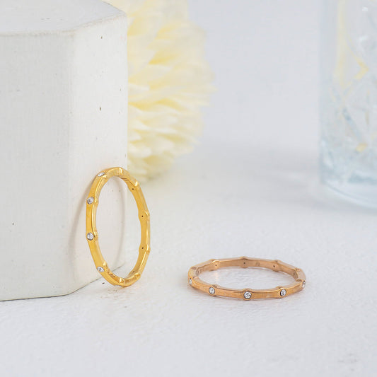 Minimalist Dotted Zirconia Line Band Ring Stainless Steel PVD Gold Plated Cincin Polos Hypoallergenic