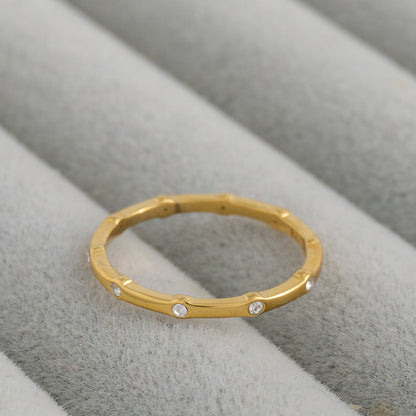 Minimalist Dotted Zirconia Line Band Ring Stainless Steel PVD Gold Plated Cincin Polos Hypoallergenic
