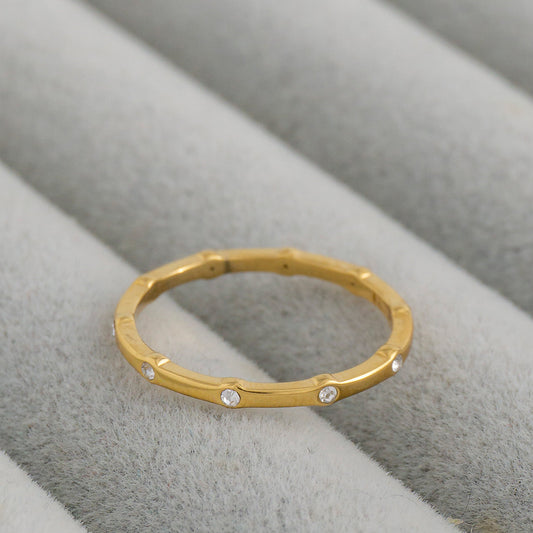 Minimalist Dotted Zirconia Line Band Ring Stainless Steel PVD Gold Plated Cincin Polos Hypoallergenic