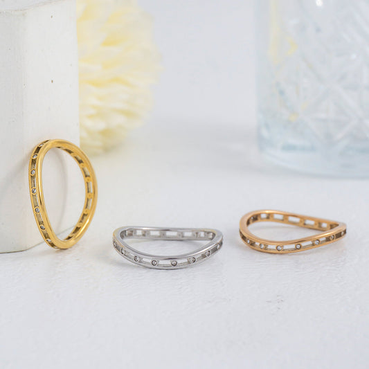 Minimalist Zirconia Line Band Ring Stainless Steel PVD Gold Plated Cincin Polos Lengkung Hypoallergenic