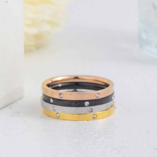 (1 set 4 pcs) Minimalist Dotted Zirconia Line Band Ring Stainless Steel PVD Gold Plated Cincin Polos Hypoallergenic