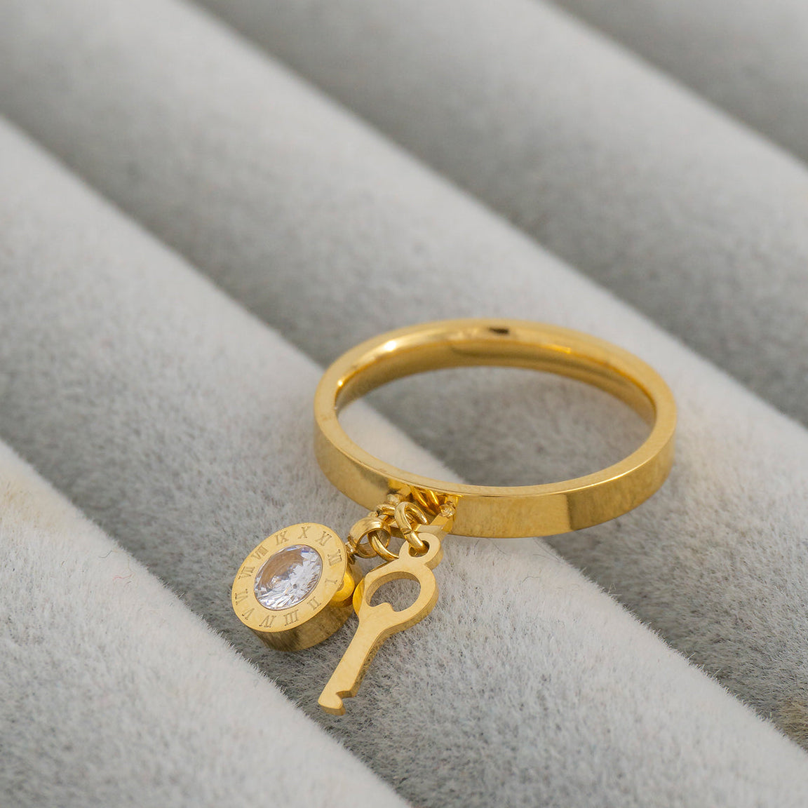 Lock Key Charm Dangle Ring Stainless Steel PVD Gold Plated Cincin kunci Hypoallergenic