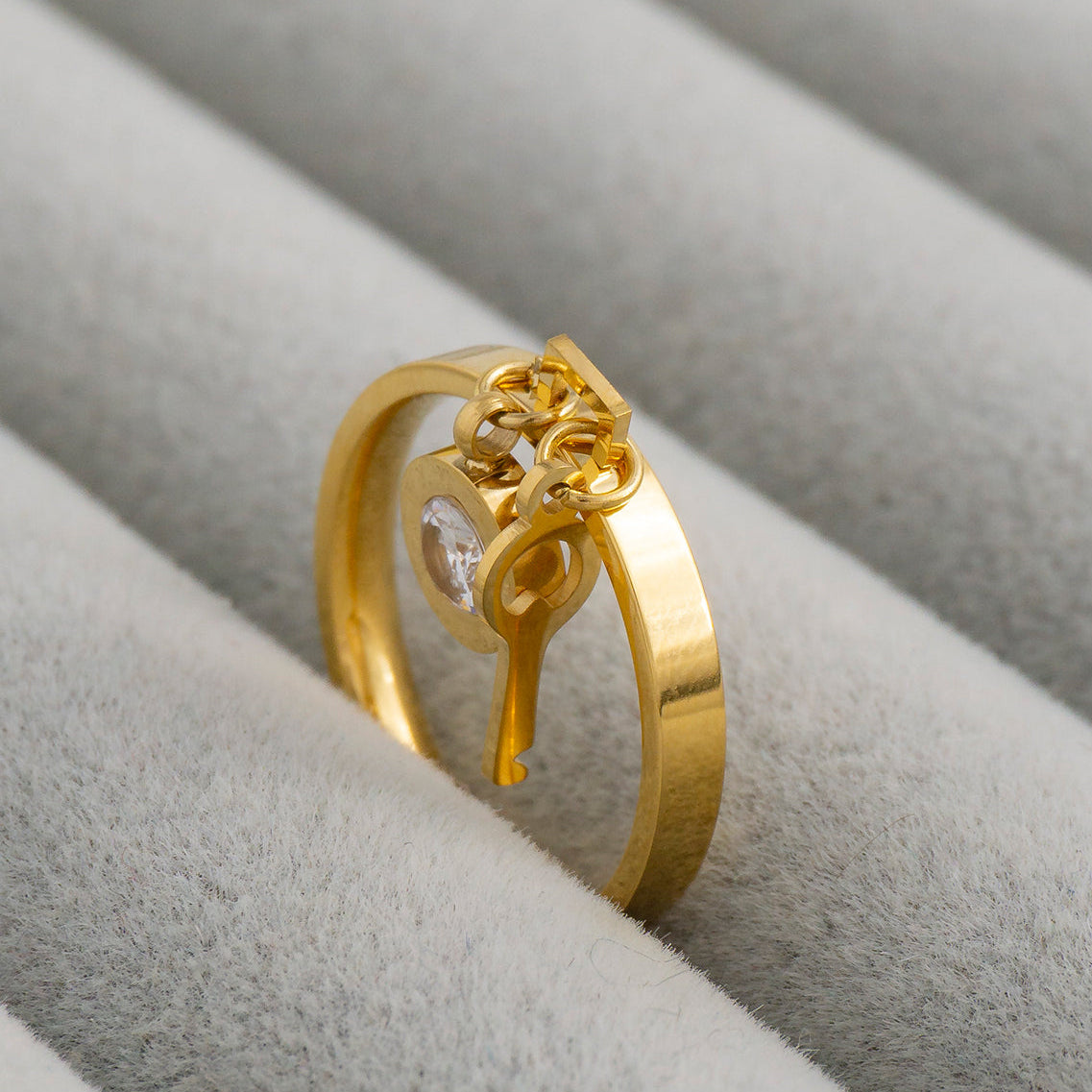 Lock Key Charm Dangle Ring Stainless Steel PVD Gold Plated Cincin kunci Hypoallergenic
