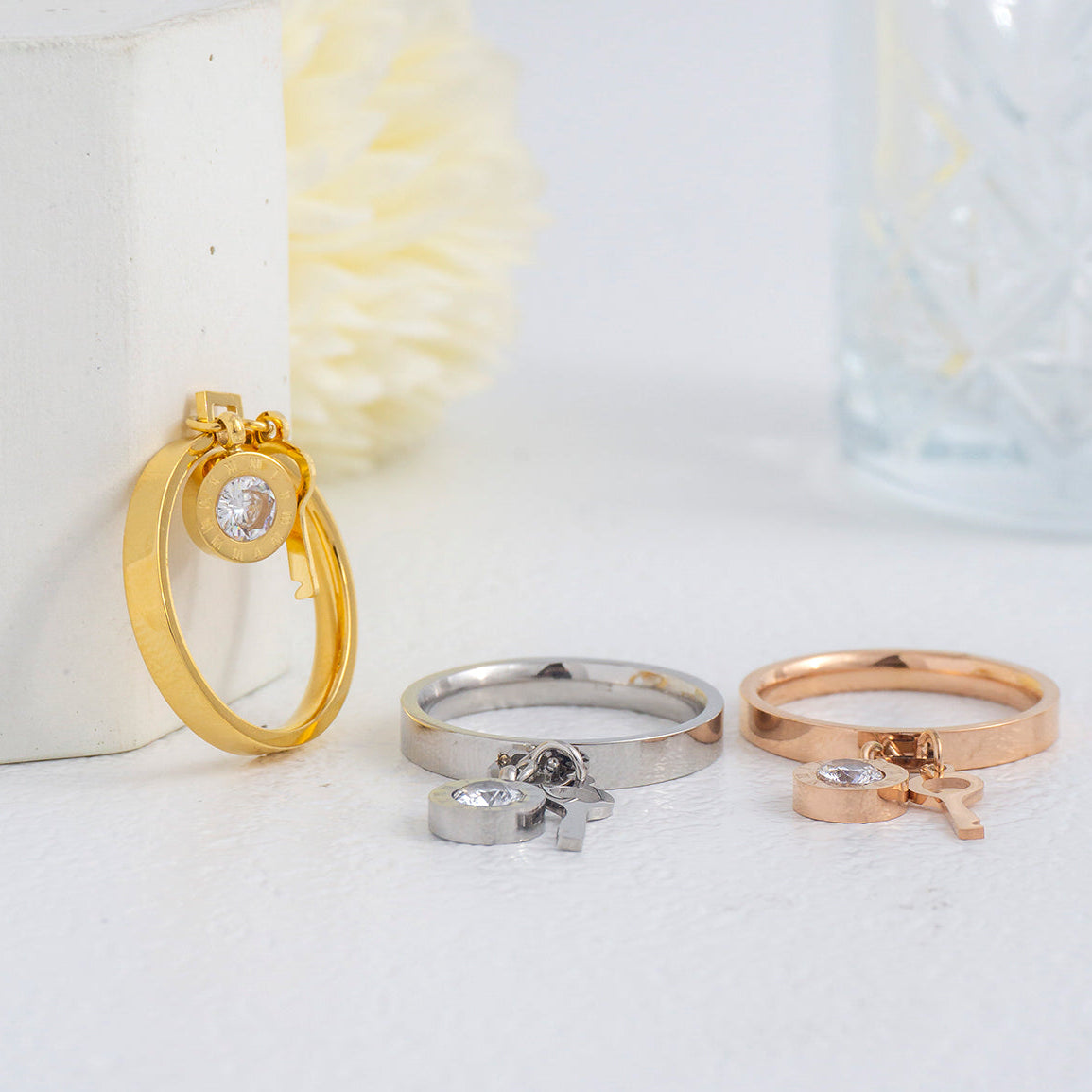 Lock Key Charm Dangle Ring Stainless Steel PVD Gold Plated Cincin kunci Hypoallergenic