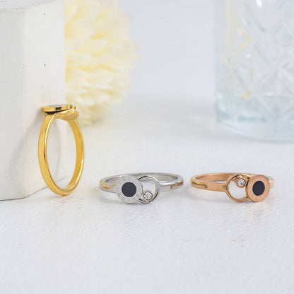 Interlocking Roman Numeral Black Disc & Solitaire CZ Ring Stainless Steel PVD Gold Plated Cincin Romawi Hypoallergenic