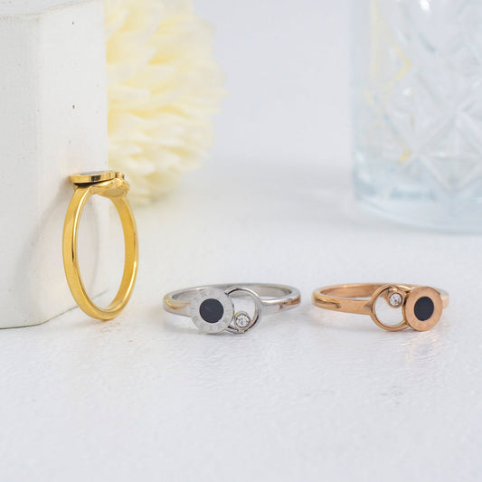 Interlocking Roman Numeral Black Disc & Solitaire CZ Ring Stainless Steel PVD Gold Plated Cincin Romawi Hypoallergenic