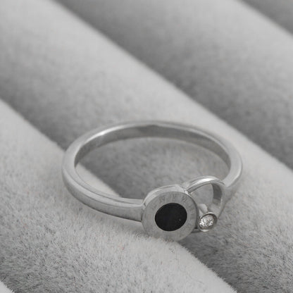 Interlocking Roman Numeral Black Disc & Solitaire CZ Ring Stainless Steel PVD Gold Plated Cincin Romawi Hypoallergenic