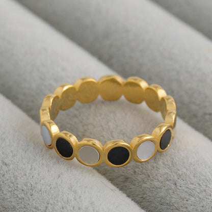 Alternating Black Enamel & MOP Disc Eternity Ring Stainless Steel PVD Gold Plated Cincin Romawi Hypoallergenic