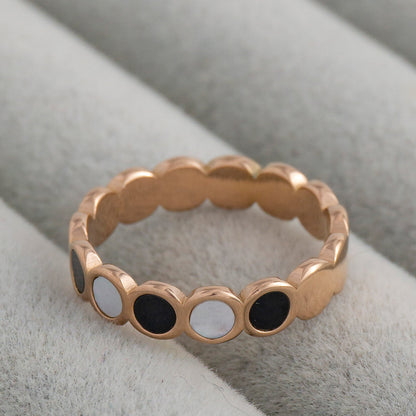 Alternating Black Enamel & MOP Disc Eternity Ring Stainless Steel PVD Gold Plated Cincin Romawi Hypoallergenic