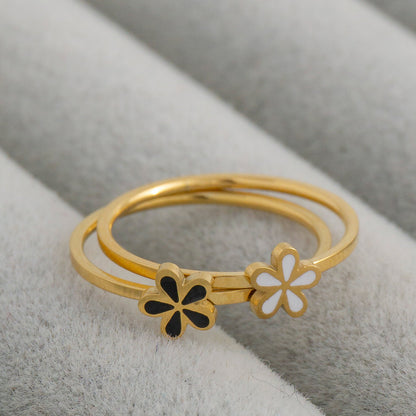 1 Set (2pcs) Minimalist Black and White Daisy Flower Stackable Ring Stainless Steel PVD Gold Plated Cincin Bunga Hypoallergenic