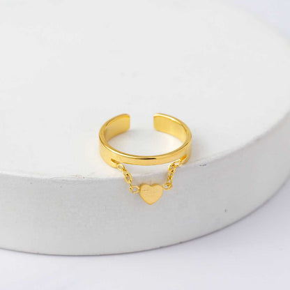 Plain Love Heart Chain Double Layer Ring Stainless Steel PVD Gold Plated Cincin Hati Hypoallergenic