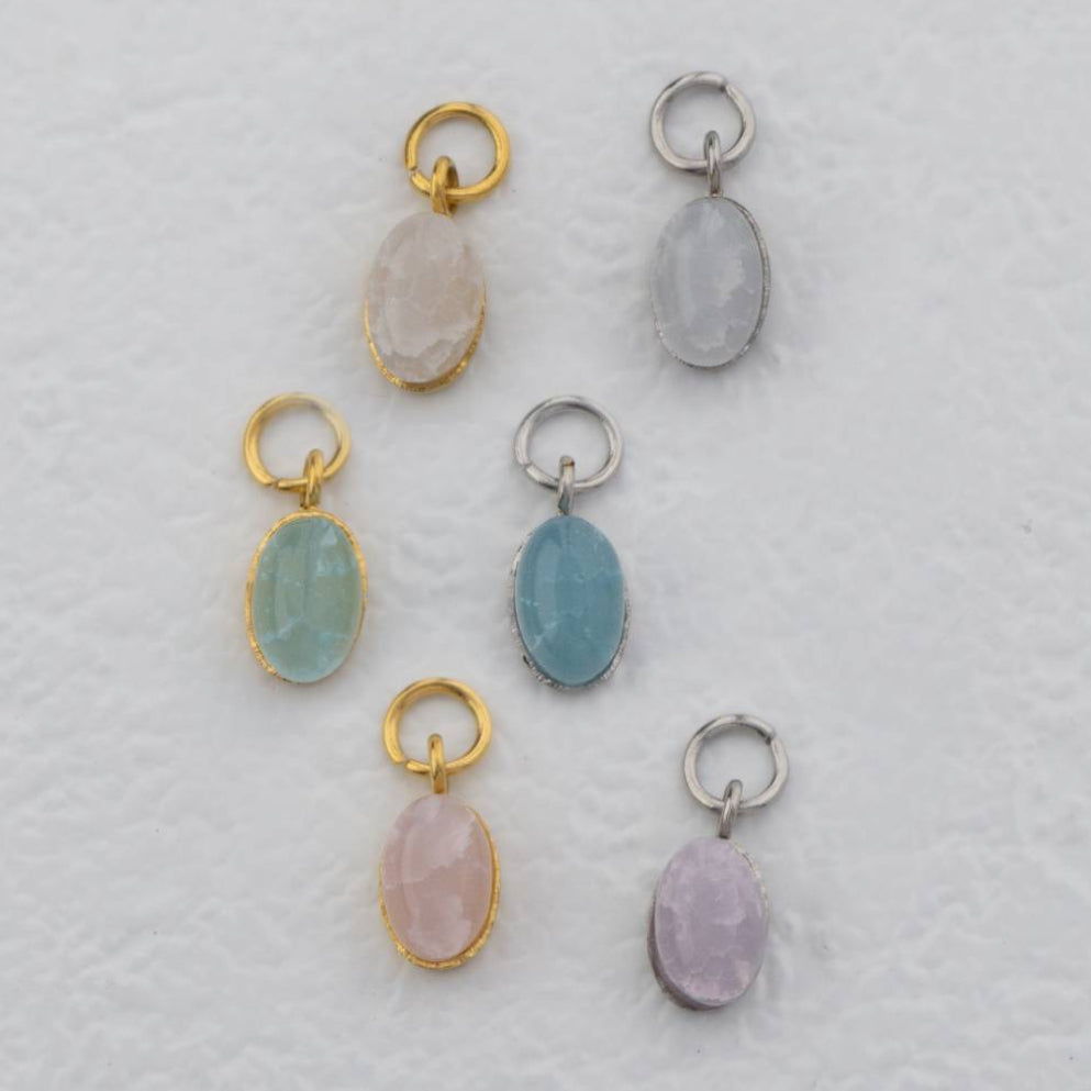 (9mm) Mini Oval Natural Gemstones Agate s Stainless Steel PVD Gold Plated Liontin Batu Alam Kecil Hypoallergenic