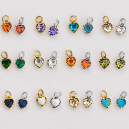 (6mm) Tiny Heart Birthstone Charm Stainless Steel PVD Gold Plated Liontin Hati Bulan Lahir Kecil Hypoallergenic